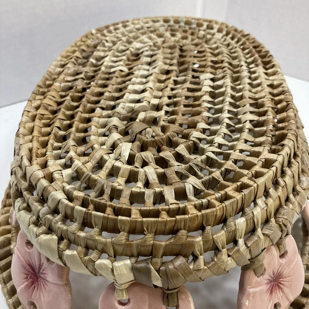 Rare Vintage Woven‎ Raffia Market With Porcelain Hibiscus Flower Adornment 11'